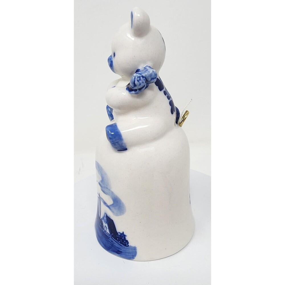 Vintage Delft Blue Teddy Bear Bell Handle 4.5" Blue & White Ceramic Windmill - Picture 5 of 11